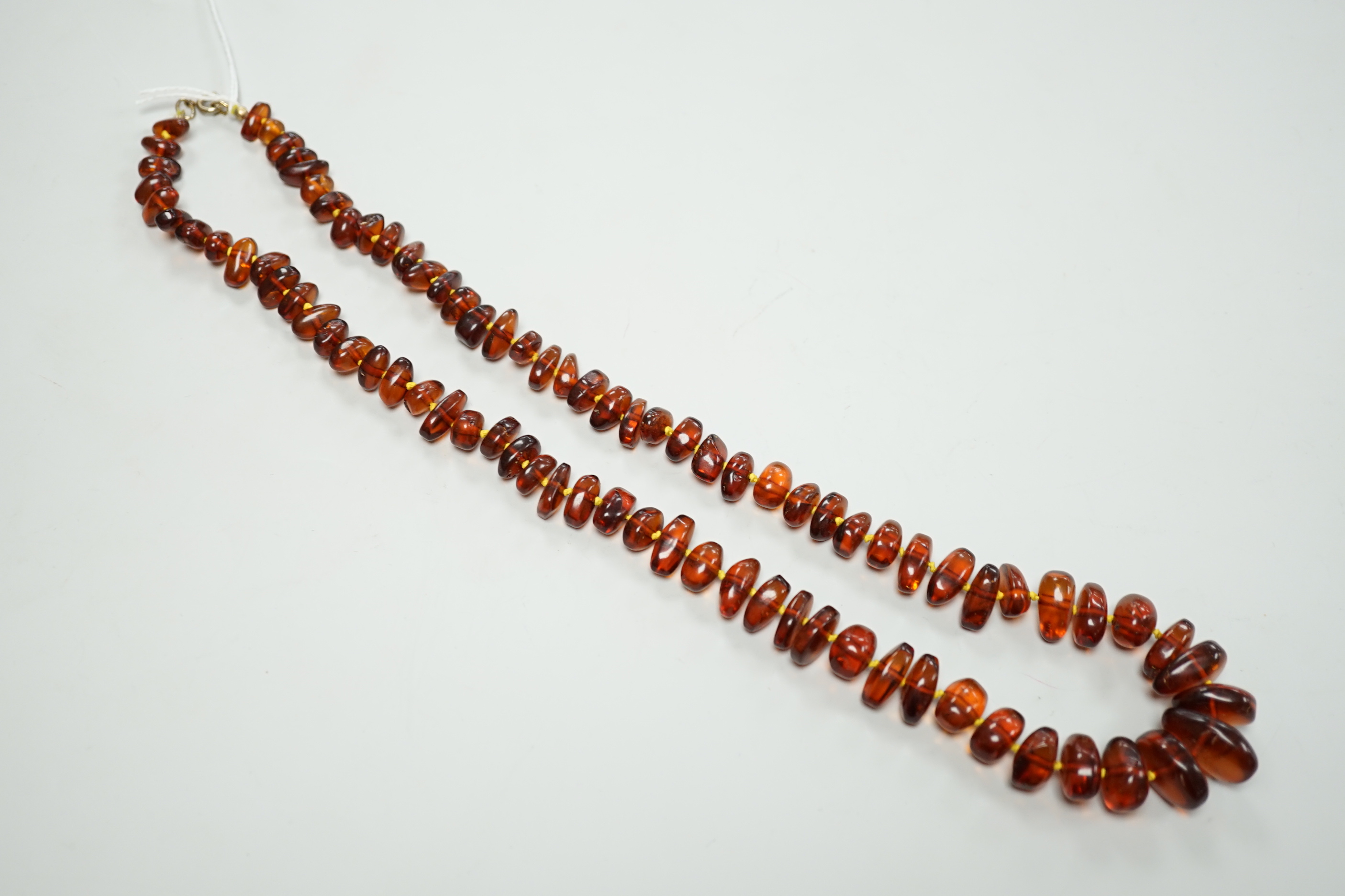 A single strand graduated amber bead necklace, 58cm.